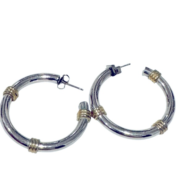 Jewelry - Vintage Sterling Silver Two Tone Wire Wrap Hoop Earrings. EUC